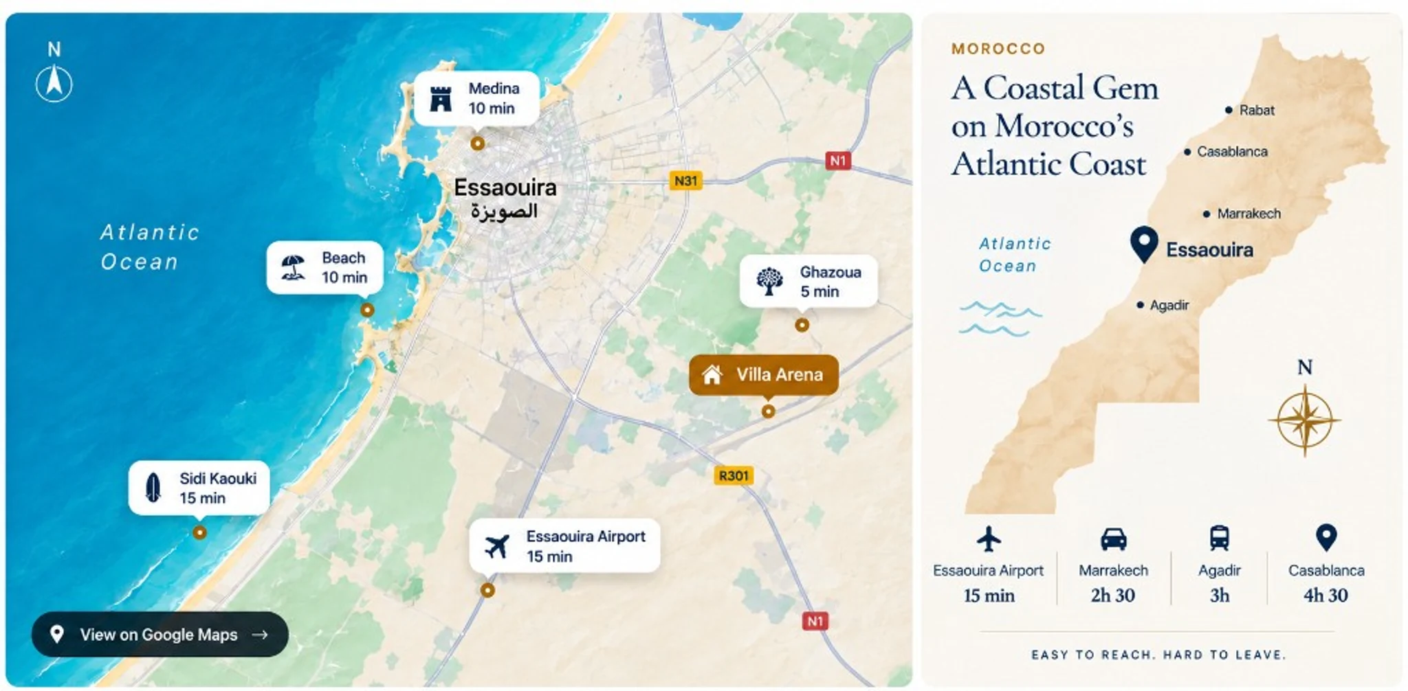 Villa Arena location maps — Essaouira area and travel times across Morocco