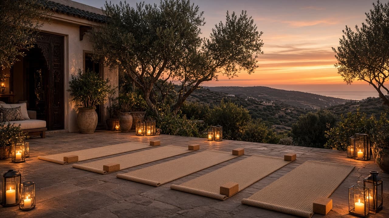 Terrasse de villa préparée pour une séance de yoga au coucher du soleil