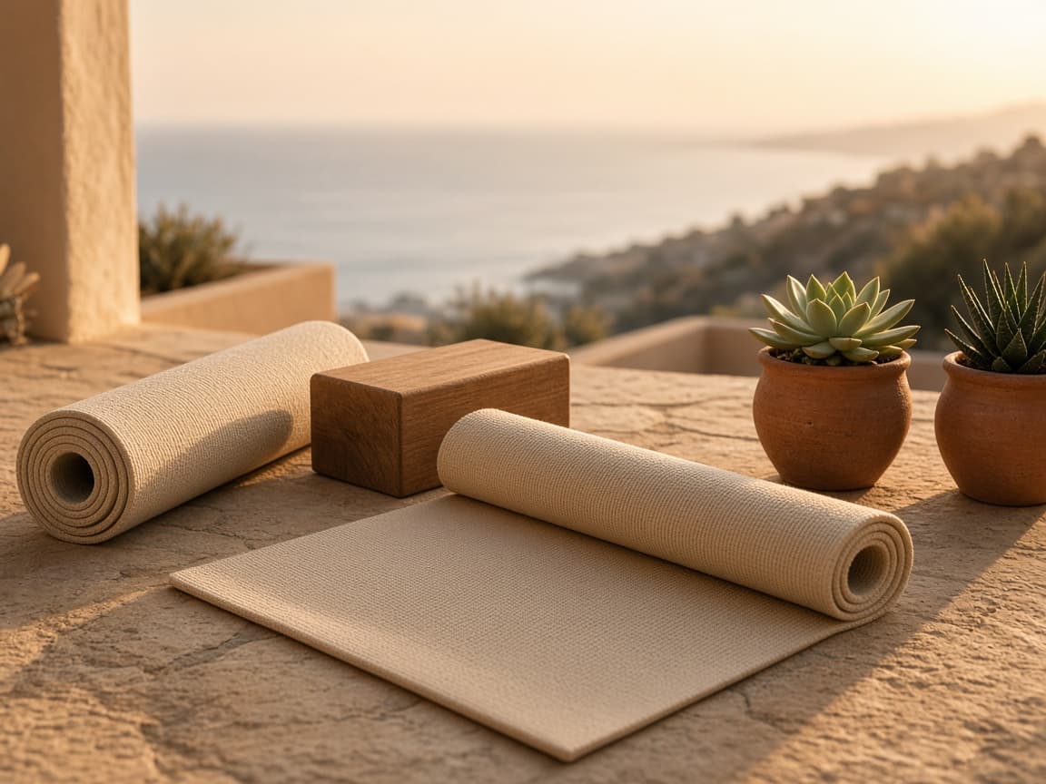 Tapis et blocs de yoga préparés sur une terrasse ensoleillée